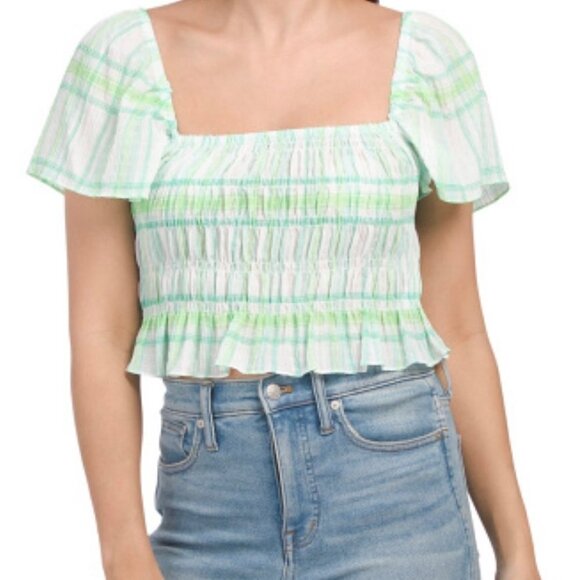 Zara Women NWT Green Plaid Flutter Sleeve Smocked Off Shoulder Cropped Blouse XS - Picture 1 of 8